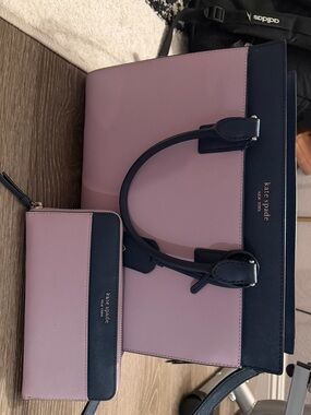 kate spade purple and navy leather tote with matching wallet